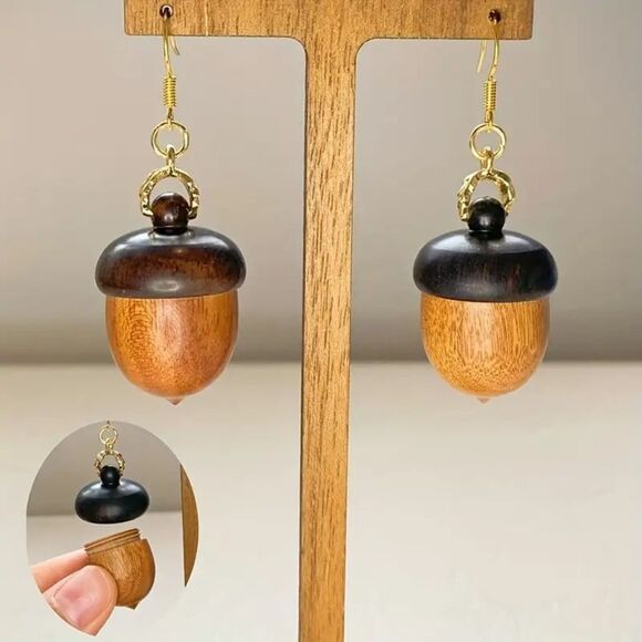 Acorn Wood Earrings with Secret Compartment, Unique Gift for Nature Lovers - Picture 1 of 4